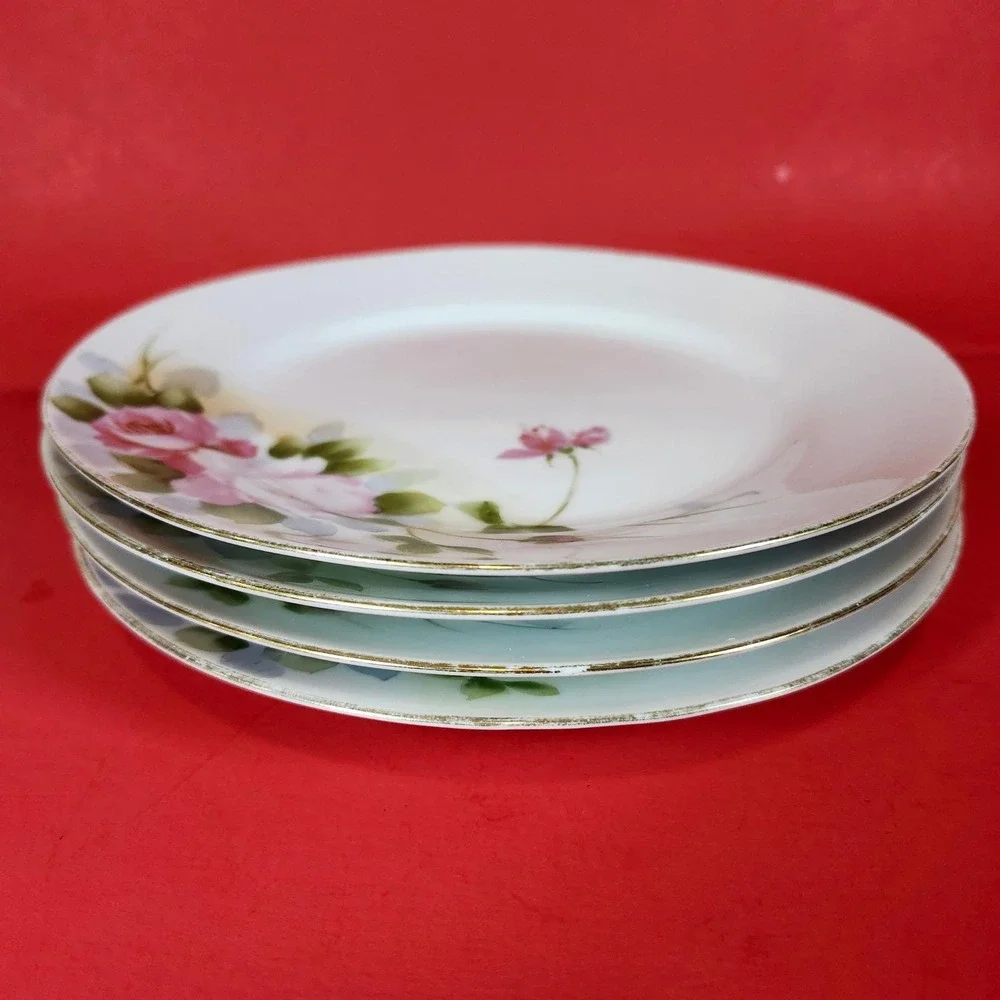 Vintage Hand Painted Nippon Plates Set of 4 Pink Roses Gold Rim Dining‎